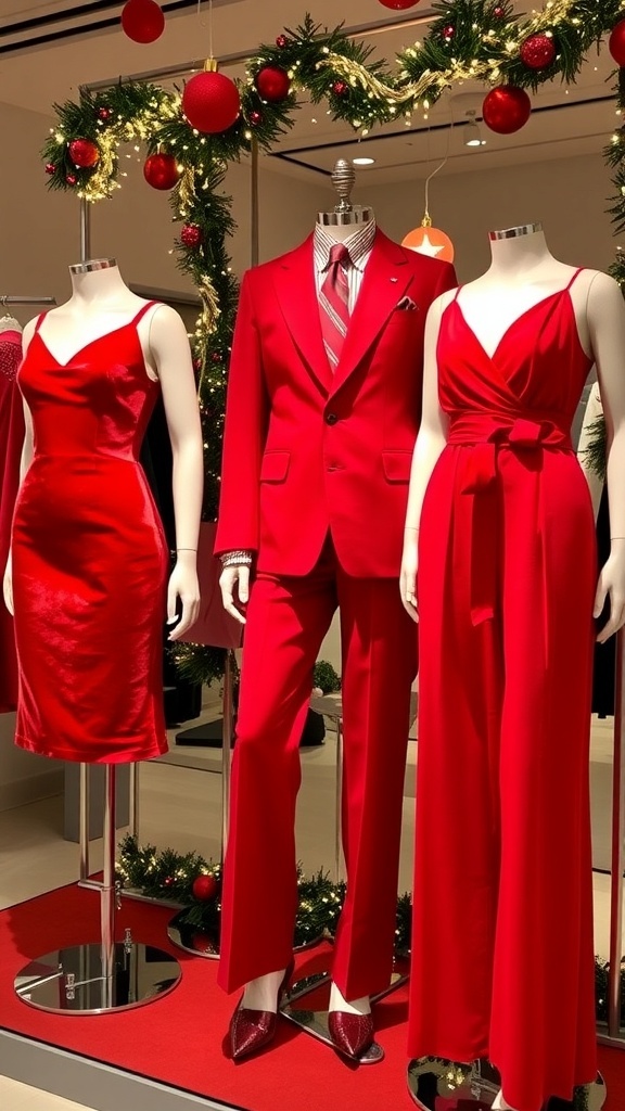 Elegant Red Christmas Outfit Ideas Elegant red Christmas outfits including a velvet dress, tailored suit, and jumpsuit displayed in a festive setting.